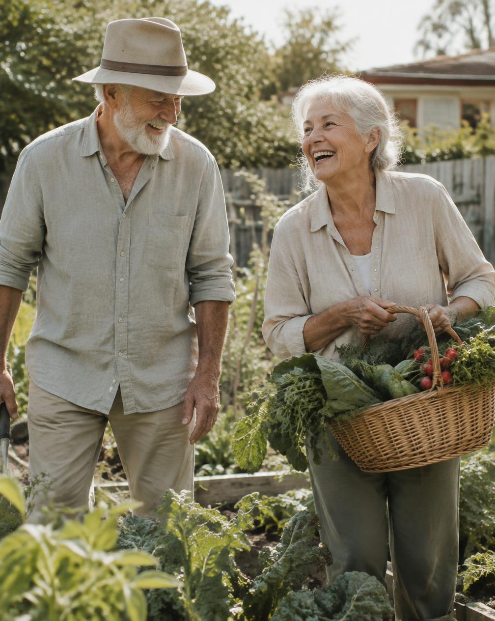 An older couple laughing together while harvesting vegetables in their garden