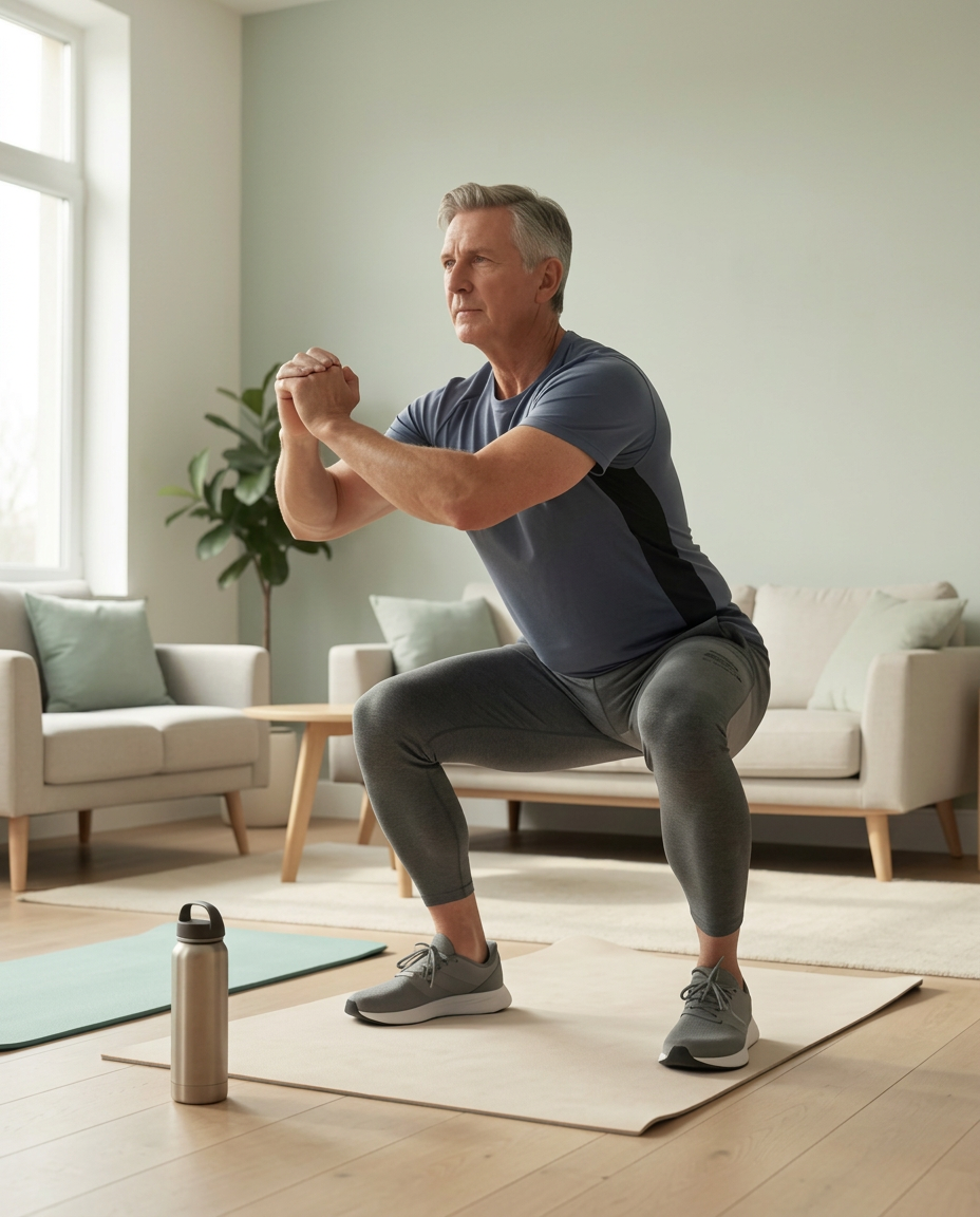 An older gray-haired man performing a squat in a bright living room